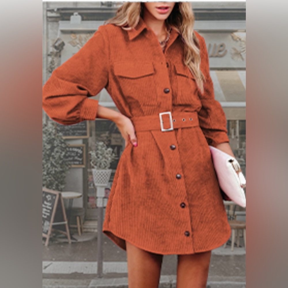 Women's Rust Burnt Orange Corduroy Belted Dress